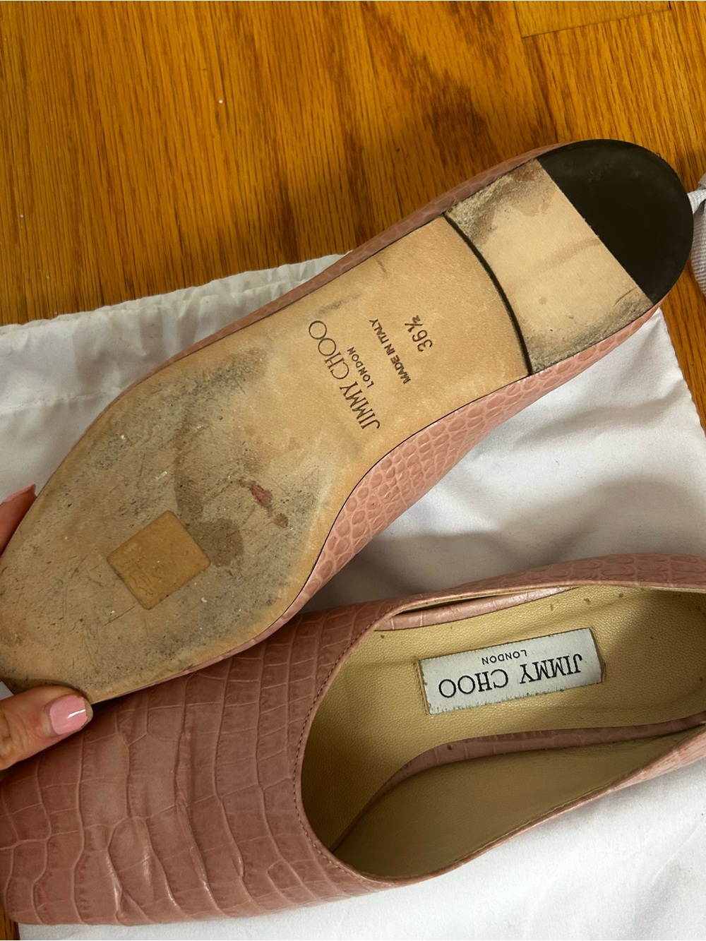 Jimmy Choo Croc-Embossed Leather Flats in Mauve Pink - Picture 3 of 3